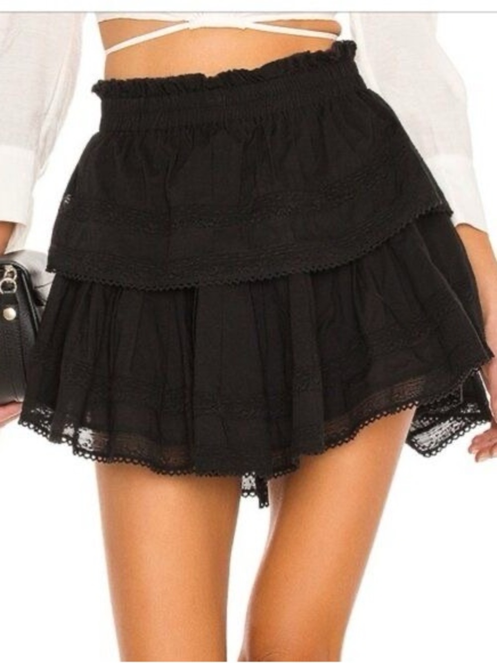 LoveShackFancy Black Tiered Lace Mini Skirt